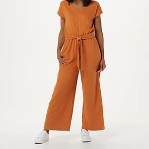 NEW CUDDL DUDS CRINKLE TIE FRONT WIDE LEG JUMPSUIT GOLDEN OCHRE MEDIUM